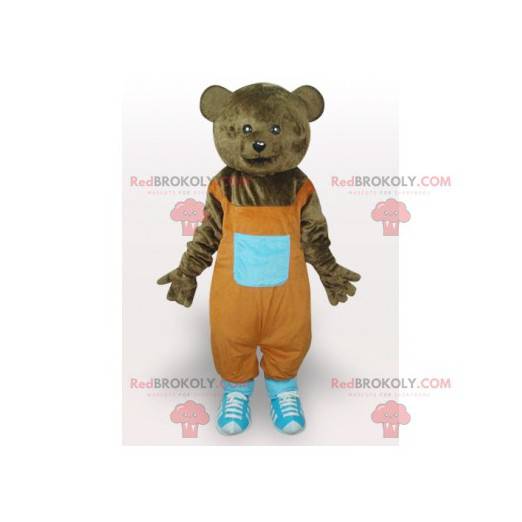 Mascote urso pardo com macacão laranja - Redbrokoly.com