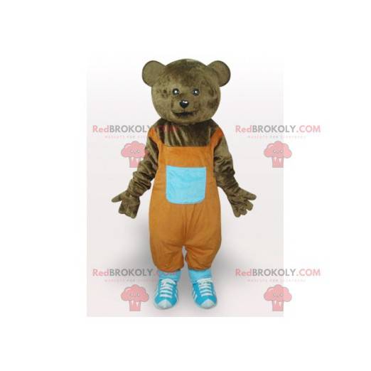 Mascotte d'ours brun avec une salopette orange - Redbrokoly.com