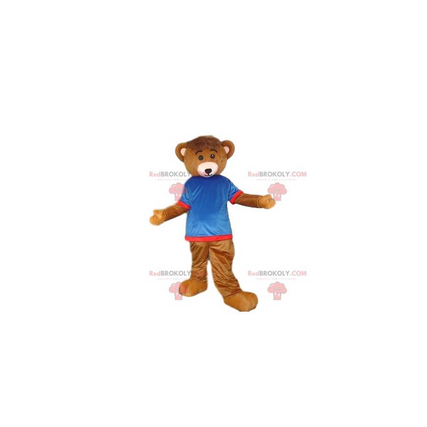Mascotte orso bruno con una maglia blu e rossa - Redbrokoly.com