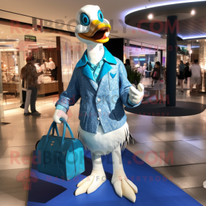 Blue Swan mascot costume character dressed with a Button-Up Shirt and Handbags
