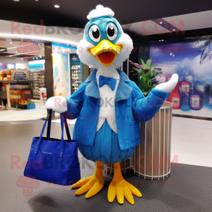 Blue Swan mascot costume character dressed with a Button-Up Shirt and Handbags