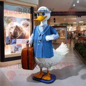 Blue Swan mascot costume character dressed with a Button-Up Shirt and Handbags