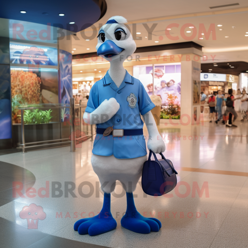 Blue Swan mascot costume character dressed with a Button-Up Shirt and Handbags Blue Swan mascot costume character dressed with a Button-Up Shirt and Handbags