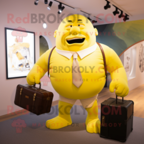 Lemon Yellow Strongman mascot costume character dressed with a Poplin Shirt and Briefcases