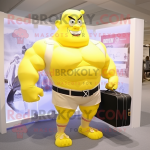 Lemon Yellow Strongman mascot costume character dressed with a Poplin Shirt and Briefcases