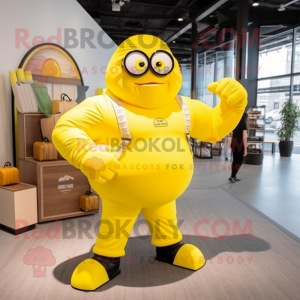 Lemon Yellow Strongman mascot costume character dressed with a Poplin Shirt and Briefcases