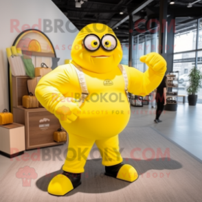 Lemon Yellow Strongman mascot costume character dressed with a Poplin Shirt and Briefcases