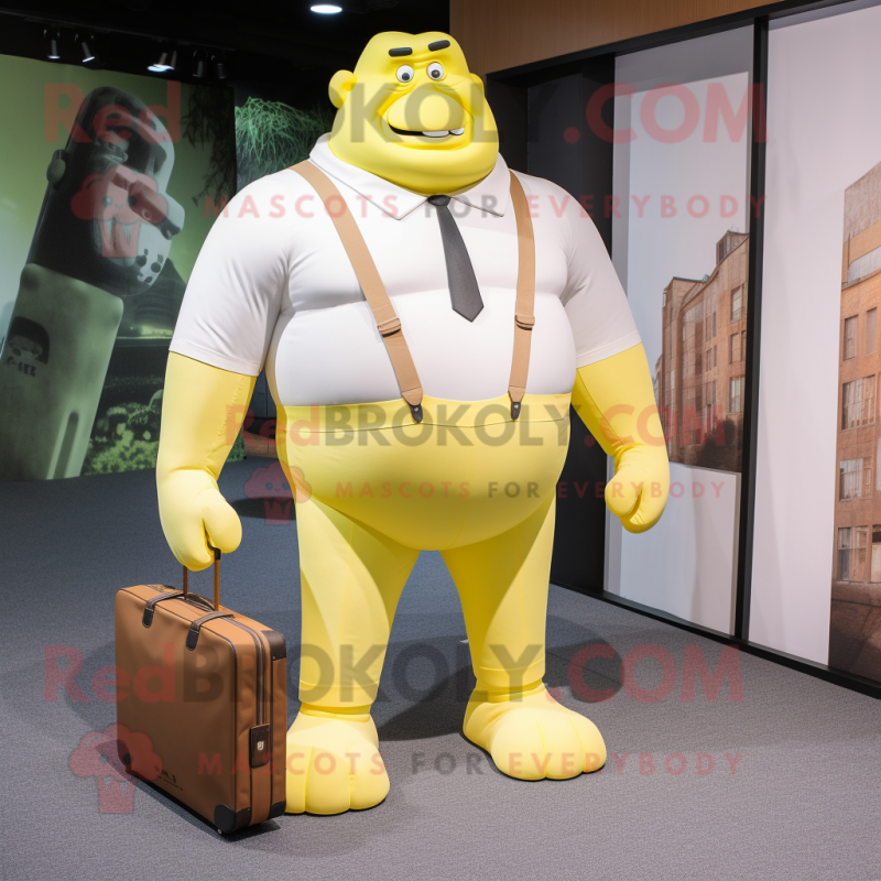 Lemon Yellow Strongman mascot costume character dressed with a Poplin Shirt and Briefcases Lemon Yellow Strongman mascot costume character dressed with a Poplin Shirt and Briefcases