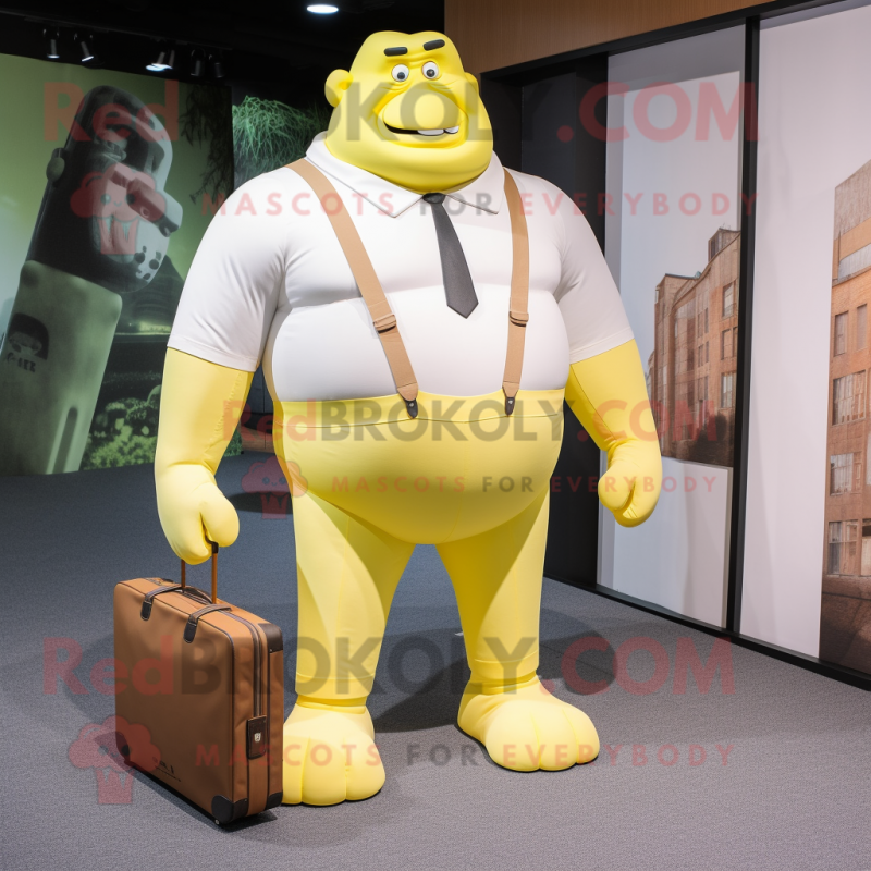 Lemon Yellow Strongman mascot costume character dressed with a Poplin Shirt and Briefcases