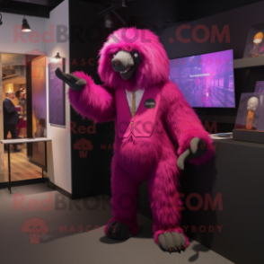 Magenta Sloth Bear mascot costume character dressed with a Suit Pants and Hairpins