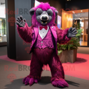 Magenta Sloth Bear mascot costume character dressed with a Suit Pants and Hairpins
