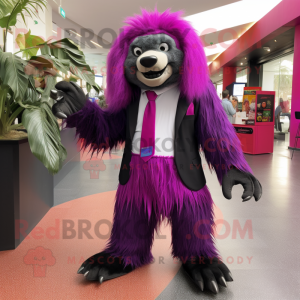 Magenta Sloth Bear mascot costume character dressed with a Suit Pants and Hairpins