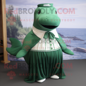 Forest Green Humpback Whale mascot costume character dressed with a A-Line Dress and Rings