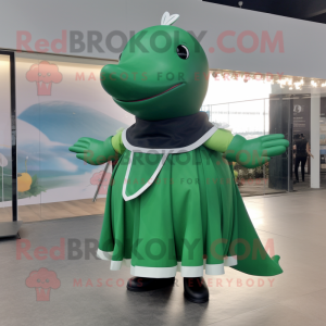 Forest Green Humpback Whale mascot costume character dressed with a A-Line Dress and Rings