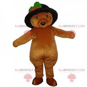 Brun björnmaskot med en svart hatt - Redbrokoly.com