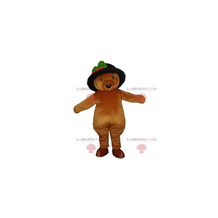 Brun bjørnemaskot med sort hat - Redbrokoly.com