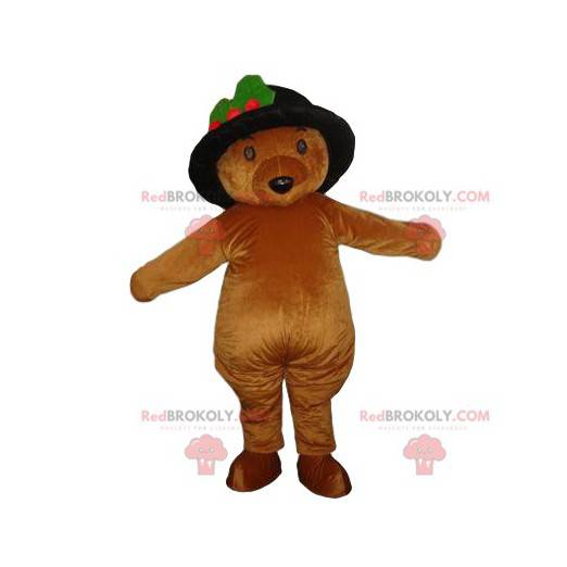 Brun björnmaskot med en svart hatt - Redbrokoly.com