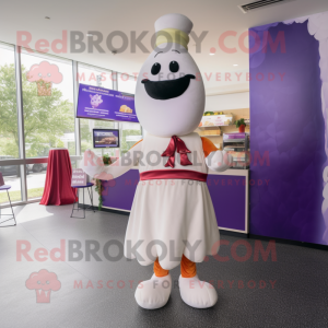Purple Hot Dog mascot costume character dressed with a Wedding Dress and Bow ties