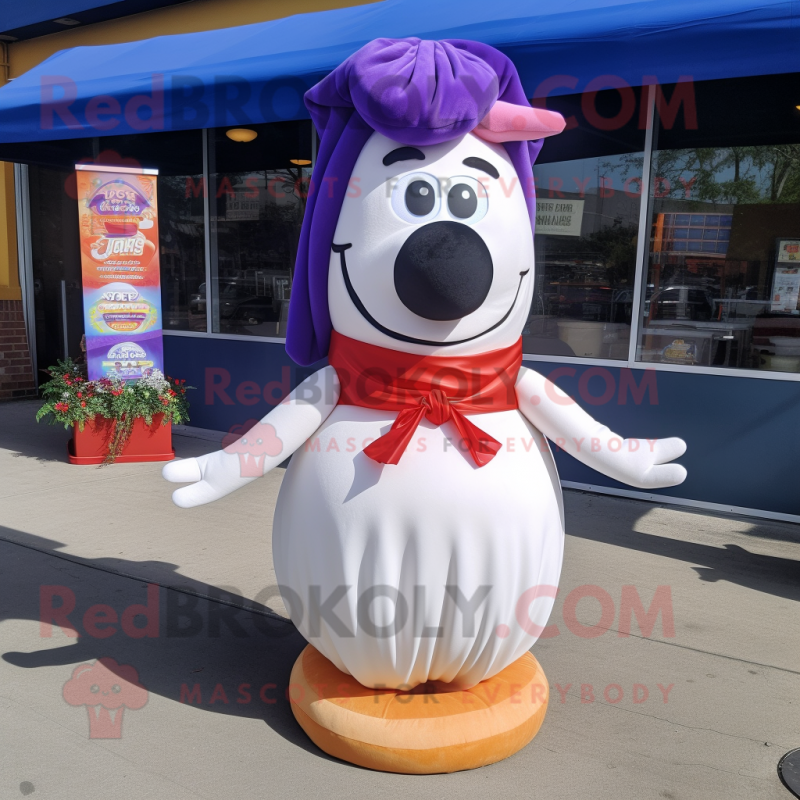 Purple Hot Dog mascot costume character dressed with a Wedding Dress and Bow ties