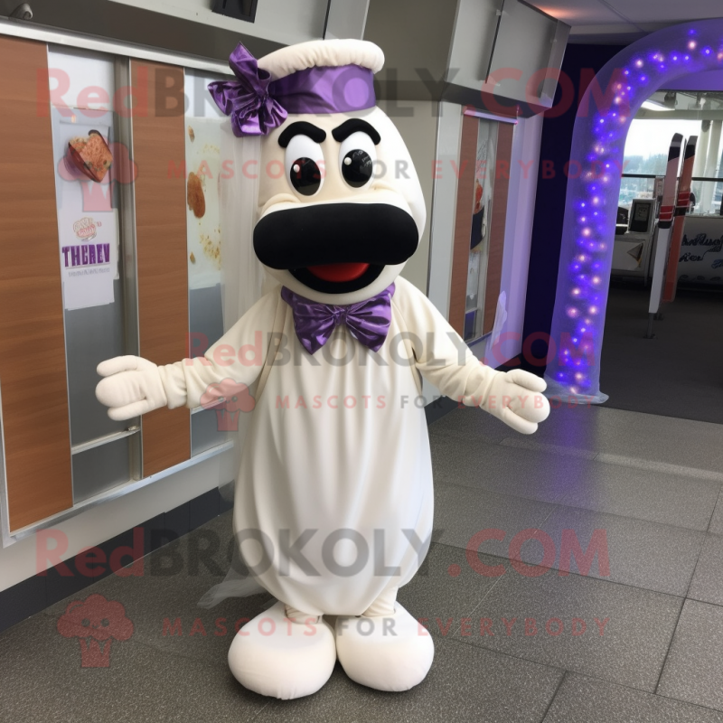 Purple Hot Dog mascot costume character dressed with a Wedding Dress and Bow ties Purple Hot Dog mascot costume character dressed with a Wedding Dress and Bow ties