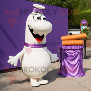 Purple Hot Dog mascot costume character dressed with a Wedding Dress and Bow ties