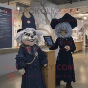Navy Witch mascot costume character dressed with a Henley Shirt and Hairpins