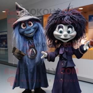 Navy Witch mascot costume character dressed with a Henley Shirt and Hairpins