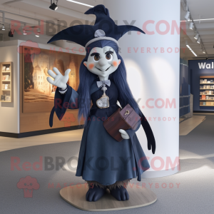 Navy Witch mascot costume character dressed with a Henley Shirt and Hairpins