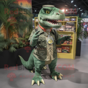 Green Allosaurus mascot costume character dressed with a Cargo Shorts and Coin purses