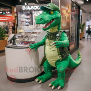 Green Allosaurus mascot costume character dressed with a Cargo Shorts and Coin purses