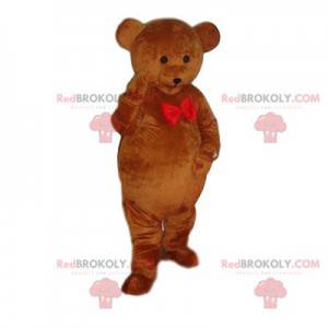 Mascote urso pardo com gravata borboleta vermelha -