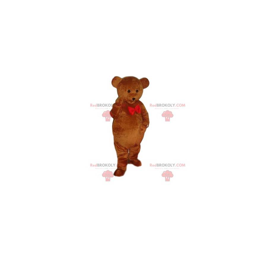 Brun björnmaskot med en röd fluga - Redbrokoly.com