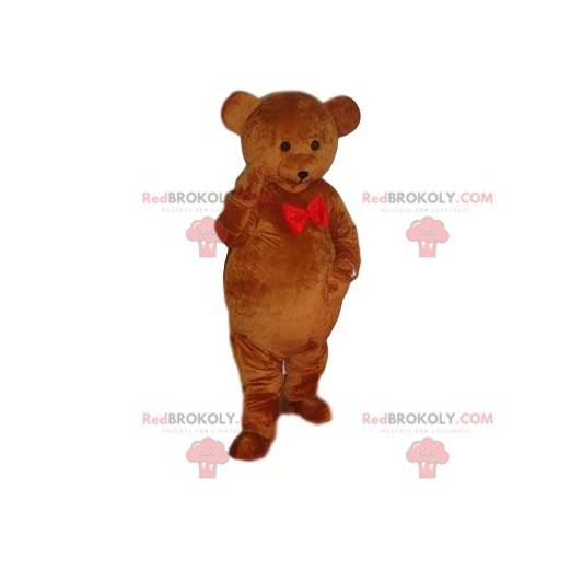 Brun bjørnemaskot med rød sløyfe - Redbrokoly.com