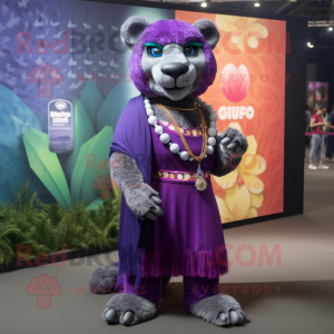 Purple Puma mascot costume character dressed with a Maxi Skirt and Necklaces