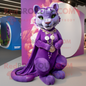 Purple Puma mascot costume character dressed with a Maxi Skirt and Necklaces