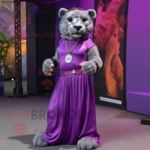 Purple Puma mascot costume character dressed with a Maxi Skirt and Necklaces