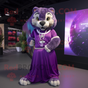 Purple Puma mascot costume character dressed with a Maxi Skirt and Necklaces