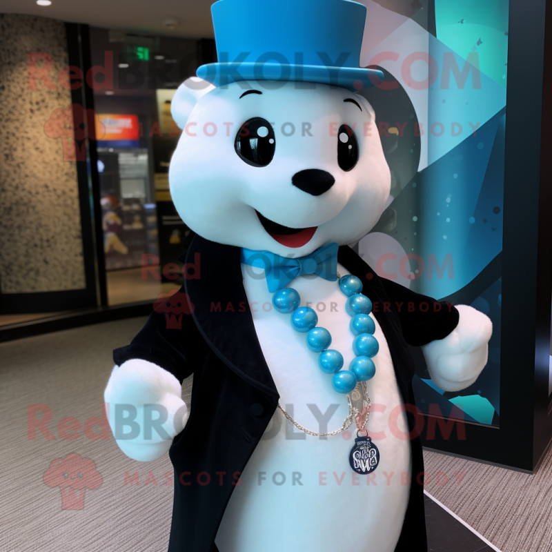 Cyan Ermine mascot costume character dressed with a Tuxedo and Necklaces Cyan Ermine mascot costume character dressed with a Tuxedo and Necklaces