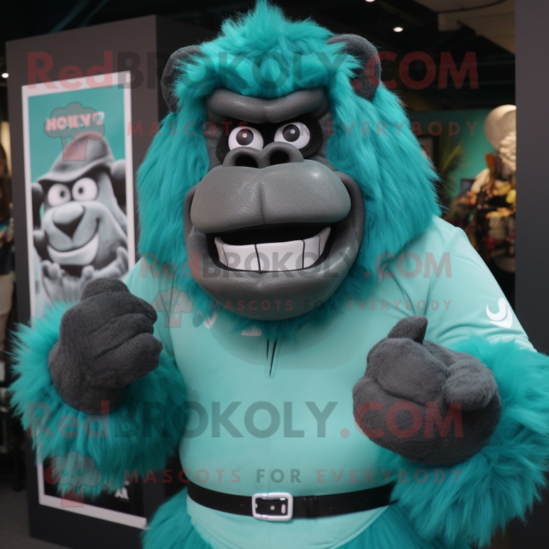 Teal Gorilla mascot costume character dressed with a Dress and Cummerbunds Teal Gorilla mascot costume character dressed with a Dress and Cummerbunds