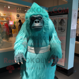 Teal Gorilla mascot costume character dressed with a Dress and Cummerbunds