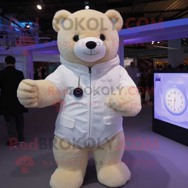 Cream Teddy Bear mascot costume character dressed with a Cover-up and Smartwatches Cream Teddy Bear mascot costume character dressed with a Cover-up and Smartwatches