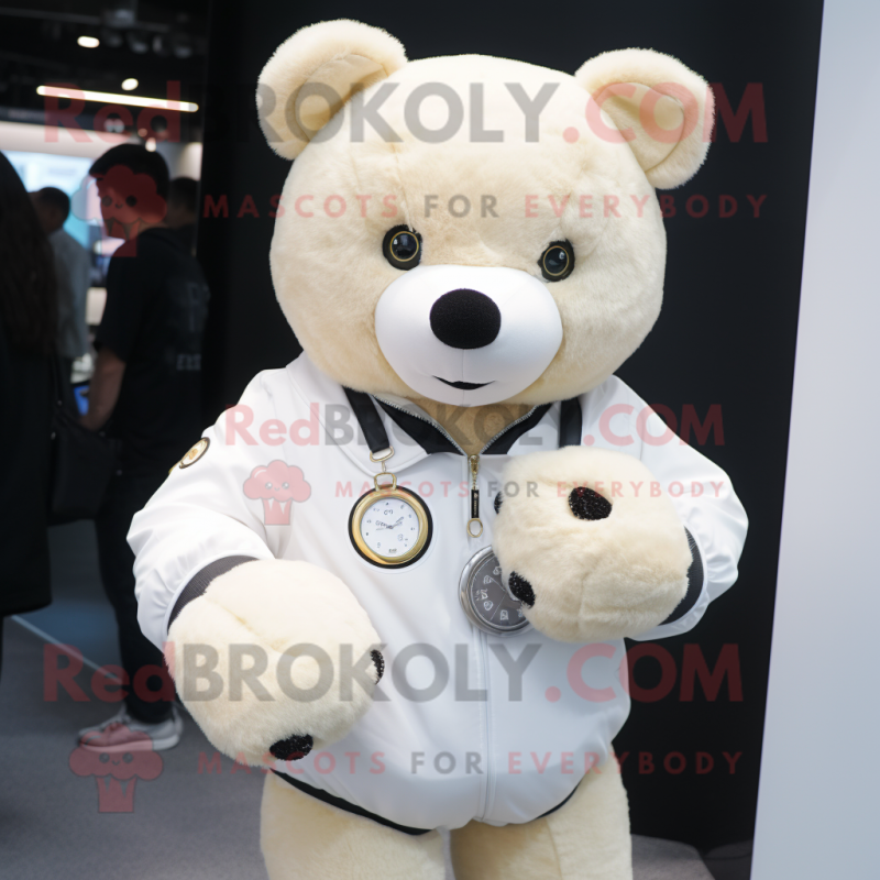Cream Teddy Bear mascot costume character dressed with a Cover-up and Smartwatches Cream Teddy Bear mascot costume character dressed with a Cover-up and Smartwatches