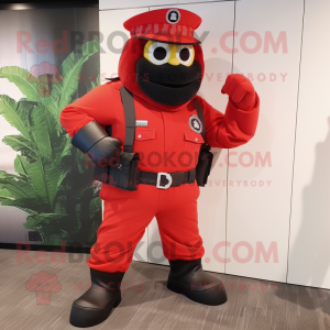 Red Commando mascot costume character dressed with a Flare Jeans and Clutch bags