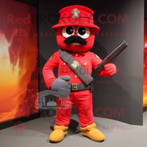 Red Commando mascot costume character dressed with a Flare Jeans and Clutch bags