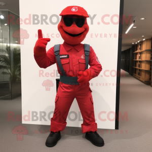 Red Commando mascot costume character dressed with a Flare Jeans and Clutch bags