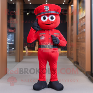 Red Commando mascot costume character dressed with a Flare Jeans and Clutch bags