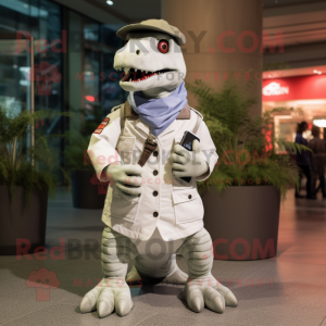 White Allosaurus mascot costume character dressed with a Parka and Berets