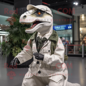 White Allosaurus mascot costume character dressed with a Parka and Berets