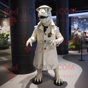 White Allosaurus mascot costume character dressed with a Parka and Berets