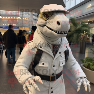 White Allosaurus mascot costume character dressed with a Parka and Berets